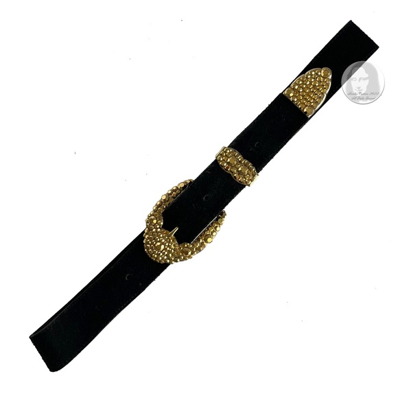 Michael Morrison Belt Embellished Gold Rhinestones Black Suede Leather Vintage - Picture 1 of 12